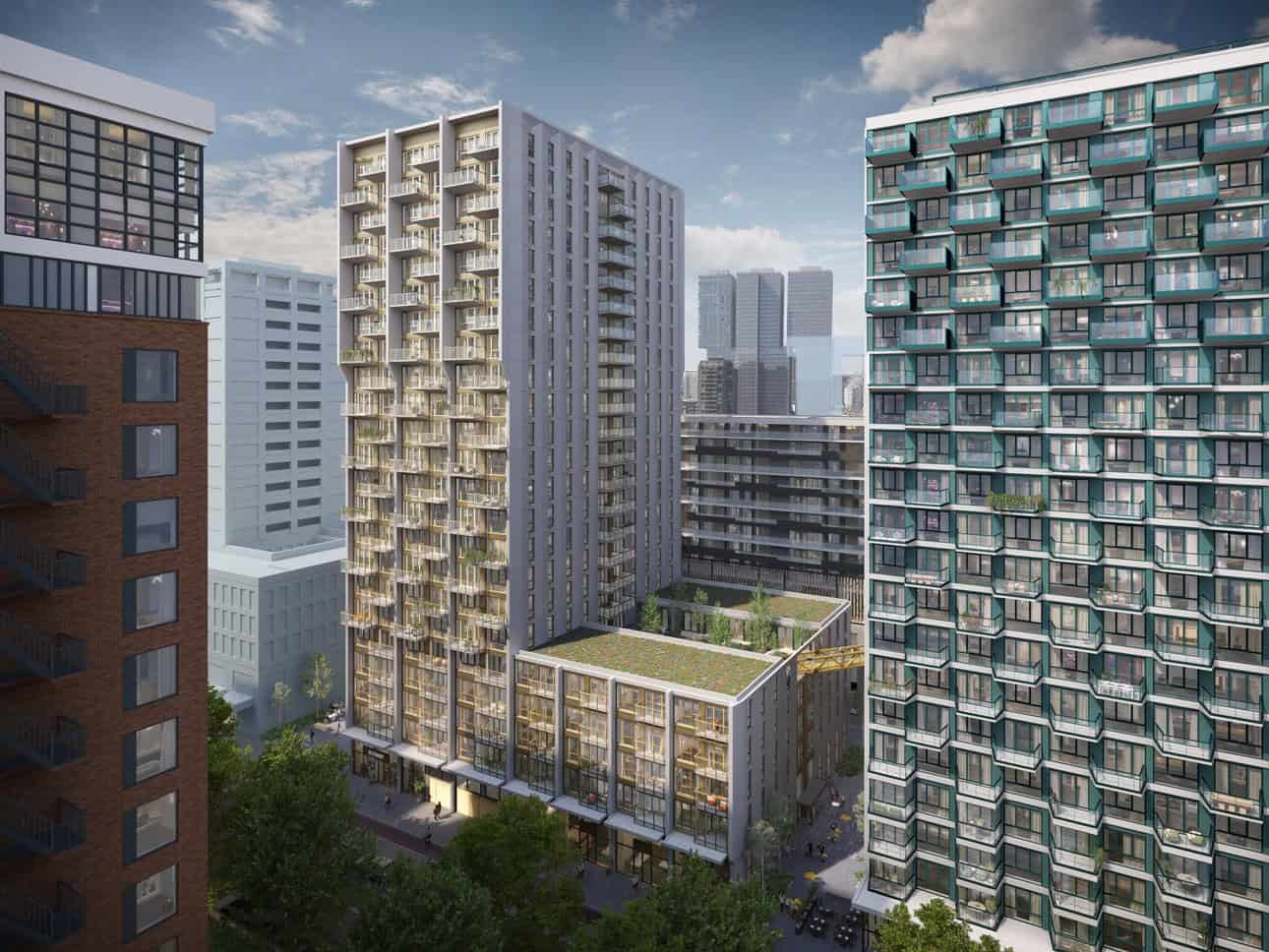 De Bund is underway in Katendrecht: two residential towers with 482 homes, including mid-range rent and buy options making up 40% of the total.